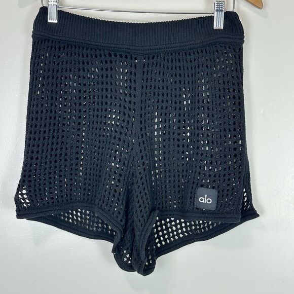 Alo Yoga Chase The Sun Open Knit Shorts Black High Rise Resort Wear Beach Sz M/L